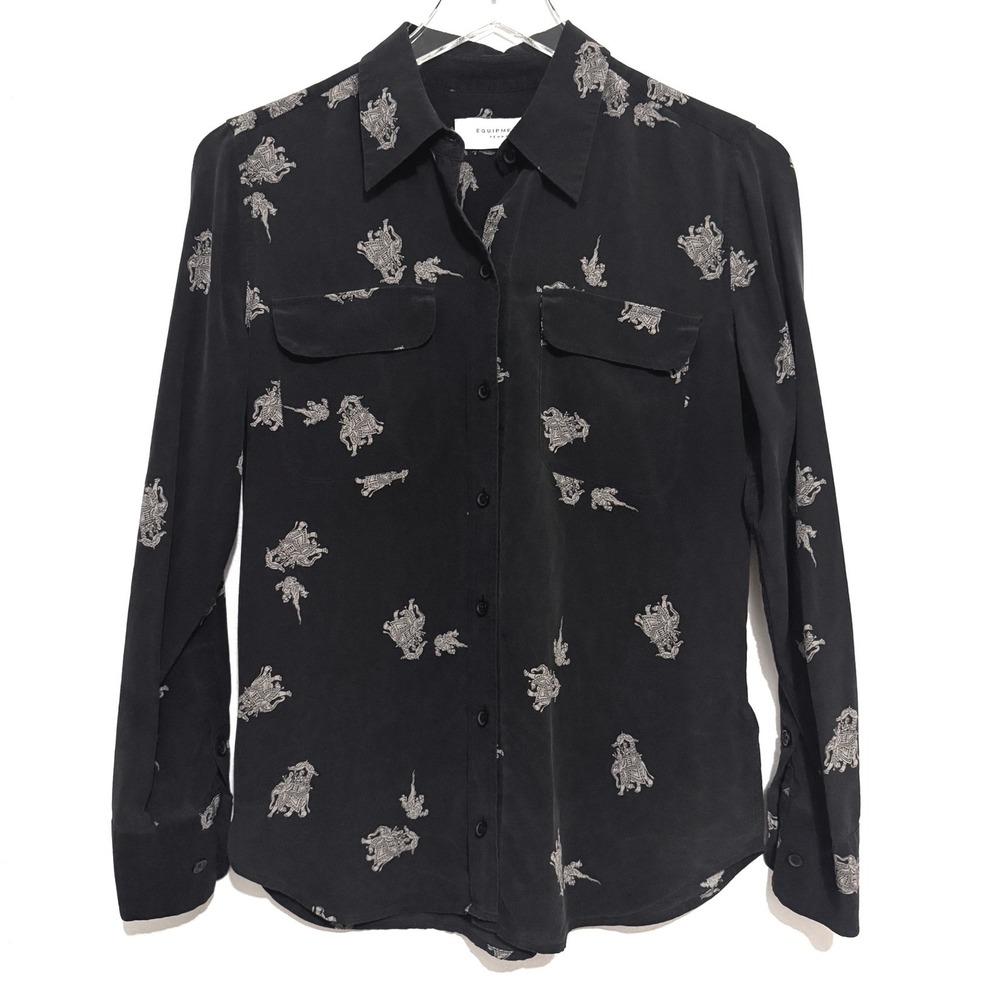 Equipment Femme Black 100% Silk Elephant Pattern Button-Down Shirt